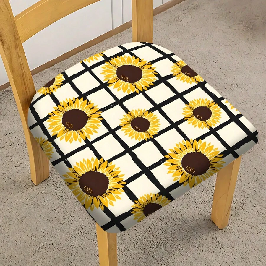 2/4/6pcs Sunflower Plaid Pattern Stretch Seat Cushion Covers, Suitable For Home Decor, Living Room, Dining Room, Garden, Hotel, Party Events, Washable Polyester Material Dining Chair Seat Covers - Multicolor - View 1