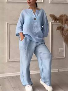 Conjuntos de lino y algodón, dos piezas,  informal, manga larga, blusa holgada con botones, camisa y pantalones sueltos de pierna ancha de alta elasticidad, trajes 3021 - azul claro - Ver 1
