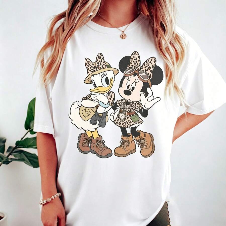 Disney Women's Animal Kingdom Minnie And Daisy Leopard T-Shirt, Walt Disney World Besties Trip Tee, Disney Safari Mode Casual Cotton Top, Disneyland Family Matching Shirt - 白色 - 查看 1