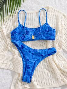 PEPPERMOLLY Bộ bikini hai mảnh in họa tiết nhiệt đới dành cho nữ, đồ bơi thanh lịch phù hợp cho kỳ nghỉ hè. - Màu xanh lam - Xem 3