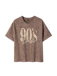 Standard Version Short Sleeve T-Shirt, INS Style "90s Girl" Distressed Graphic Print, Coffee Color Acid Wash Retro Streetwear Top Casual Summer - Mocha Brown - View 5