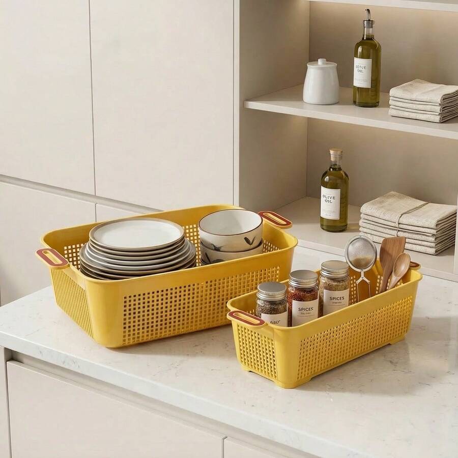 1/2/4pcs Multifunctional Plastic Kitchen Storage Basket, Stackable Ventilated Organizer Basket For Fruit Vegetable Sundries,Suitable For Home Kitchen Cabinet Storage - Multicolor - View 1