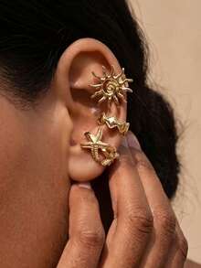 3pcs Bohemian Style Gold Starfish & Sun Clip-On Earrings, Fake Ear Cuff Earrings, Summer Beach Jewelry For Women - Yellow Gold - View 1