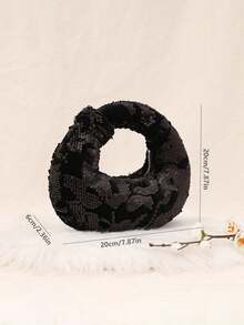 Mini Hobo Bag In A Crescent Shape, Fully Covered In Rhinestones, Integrated Circular Handle With Bow, Zipper, Various Colors, Women's Party, Wedding, Birthday Gift - 黑與白 - 查看 8