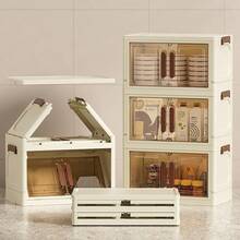 1pc Foldable Storage Cabinet, Multi-Layer Stackable Plastic Storage Box With Transparent Door, 32cm Wide, Space-Saving Bedroom/Living Room/Office Storage Box, White Color Cosmetic Organizer - Brown - View 3