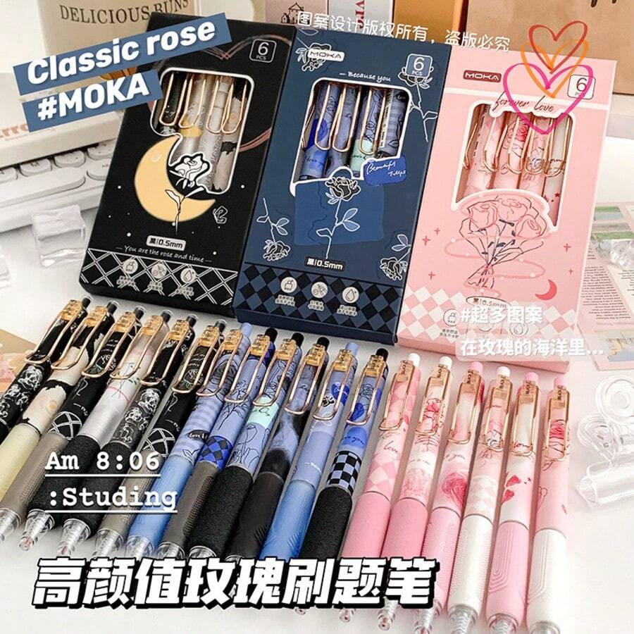 6支/盒 玫瑰图案可伸缩中性笔，高品质碳素墨水笔，精美礼盒 - 彩色 - 查看 1