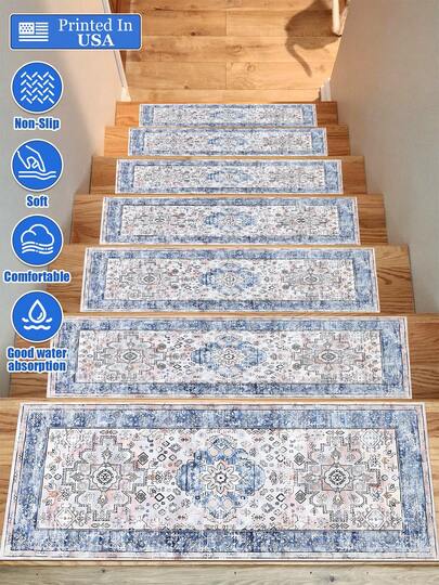 Alfombrillas antideslizantes para escaleras con estampado floral bohemio retro, adecuadas para la interior de las escaleras, diseñadas para peldaños, con características antideslizantes, absorbentes, de caminar silencioso y fáciles de limpiar, aptas para todas las estaciones y disponibles en varios tamaños, y estéticamente adecuadas para diversos escenarios. Utilizando tecnología de impresión digital 2D, alfombra de piso adecuada para centros comerciales, patios, restaurantes, baños, lavandería, pasillos de escaleras, cafeterías para decoración de escaleras. Adecuado para él/ella, miembros de la familia, novio/novia, padre/madre, amante, hija/hijo, abuelo/abuela, maestro, médico, enfermera, amigo, compañero de clase, mascota. Se puede usar como regalo de cumpleaños, artículo del hogar, boda, recuerdo, diario, aniversario, San Valentín, Acción de Gracias, temporada de graduación, Navidad, Halloween, Día de la Madre, Día del Padre, boda, decoraciones de alfombras de escalera para Año Nue