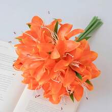 6支/1支 32厘米 仿真浅橙色百合花，丝绸花装饰，适用于家居、婚礼、生日派对、餐桌、花园、新娘捧花、教室装饰 - 橘色 - 查看 3