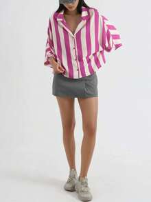 Relaxed Fit Striped Button-Down Shirt Carnation Pink - Hot Pink - View 6