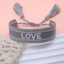 1pc Embroidered Love Letter Boho Handmade Tassel Braided Bracelet - Grey - View 3