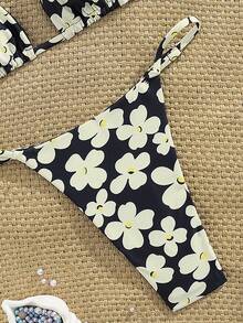 Bộ bikini nữ 2 mảnh in hoa gợi cảm buộc dây, thích hợp cho mùa xuân, hè, đi biển, nghỉ dưỡng, biểu diễn sân khấu và hòa nhạc. Màu đen. - màu đen - Xem 5