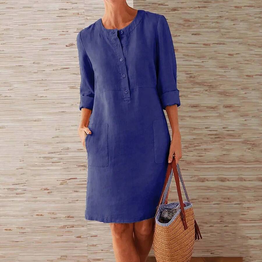 Vestido tipo túnica informal de algodón y lino de manga larga para mujer, vestido recto Vintage de manga larga, minivestido largo hasta la rodilla de gran tamaño - azul profundo - Ver 1