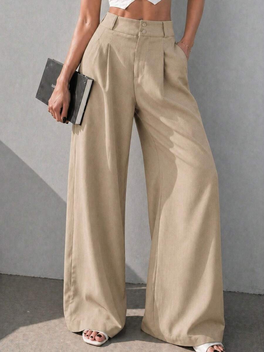 Women's Casual High Waist Wide Leg Pants With Pockets - 米色 - 查看 1