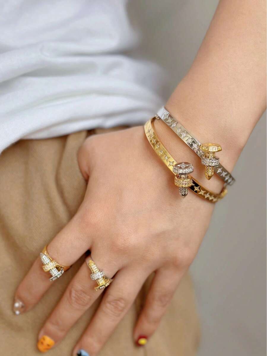 1件金/银镶嵌锆石手链，奢华水钻手链，欧美珠宝礼品，精美雕刻奢华金属手链 - 1件手鐲 - 查看 1