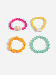 4pcs/Set Bohemian Style Colorful Beaded Elastic Bracelets, Summer Beach Style Resin Bead & Shell Pendant Bracelets, Boho Casual Stackable Bracelets For Women - Multicolor - View 9