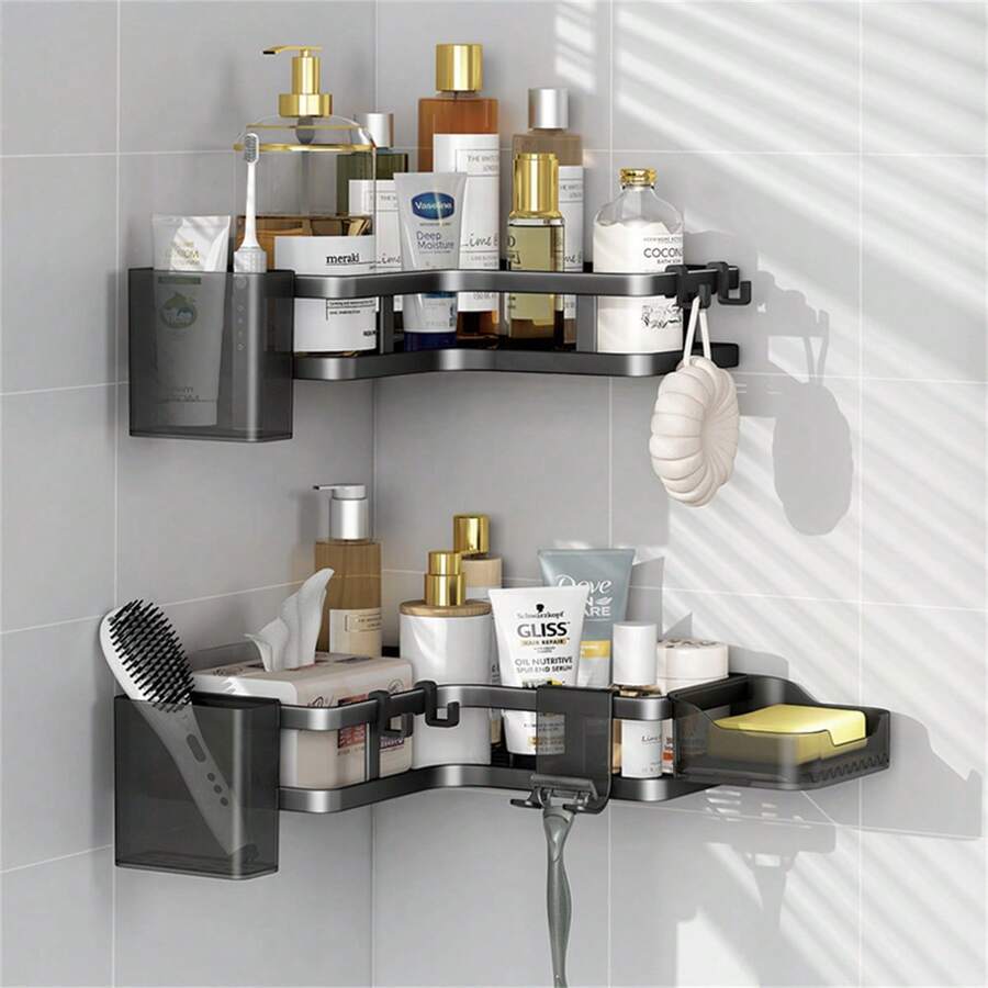 2Pcs Black Cast Iron Shower Caddy Wall Mounted Bathroom Storage Shelf With Hooks Stainless Steel Corner Rack Efficient Organizer For Shower Room Bathroom Home Decoration Supplies
