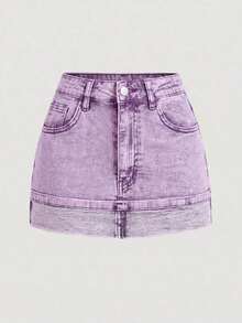 Minifalda de mezclilla casual de mujer con bloqueo de color lavado y parches - Morado - Ver 1