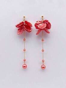 Korean Style Floral Faux Pearl Chain Dangle Earrings, Elegant Sweet Girl Ear Accessories Christmas Decorations Home Christmas Gifts Christmas Decor - 白色 - 查看 10