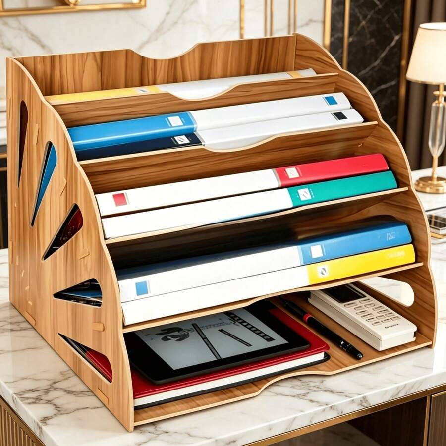 Wooden Hollow Fan-Shaped Multi-Layer File Organizer Rack, Tilted Desktop File Holder, Office & Home Document Storage Shelf - Holds Books, Notebooks, Pens, Etc. - Multicolor - View 1