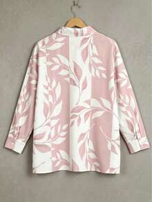 Plus Size Women Leaf Print Front Button Collar Short Sleeve Casual Top Pink Vacation - Pink - View 3