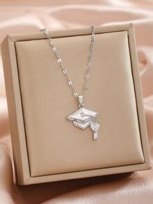 1pc Simple Exquisite Minimalist CZ Graduation Cap Stainless Steel Necklace For Women Men For Gifts For Family Friends Sons Daughters Granddaughters - Multicolor - View 2