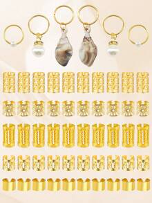 56pcs Luxury Beach Element Hair Rings With White Conch & White Pearls - Summer Adjustable Hair Cuffs, Coastal Boho Jewelry For Dreadlocks - Gold - View 5