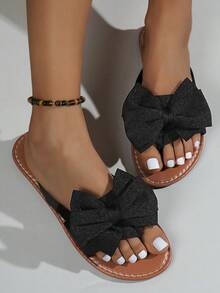 Breezelady Women's Black Bow Slide Sandals – Featuring A Voluminous, Textured Fabric Bow For A Sweet, Eye-Catching Look, These Sandals Have A Soft, Supportive Footbed And A Lightweight, Durable Design. Ideal For Casual Outings, Brunch Dates, Or Weekend Errands, They Pair Perfectly With Denim Shorts, Sundresses, Or Cropped Jeans For A Cozy, Charming Summer Vibe. - Pure Black - View 4
