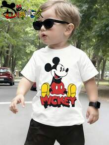 Disney Licensed Mickey Mouse "MICKEY" Bold Print Kids' T-Shirt, Cute Cartoon Casual Tee, Perfect For Daily Wear, School Activities, Family Outings And Theme Park Trips, Shipped From Local Warehouse - trắng - Xem 1