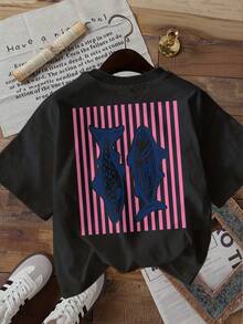 Fresh Style Women's Spring And Autumn Top With Pink Stripes And Fish Prints, Made Of Pure Cotton, With A Round Neck And Short Sleeves, Women's Summer T-Shirt. - Black - View 3