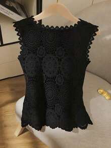 Camiseta de mujer de encaje a ganchillo, diseño de blusa elegante y de moda sin mangas, estilizadora - Negro - Ver 2