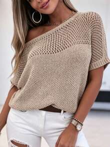Casual Loose Knit Asymmetric Neck Hollow Sweater For Women, Summer Short Sleeve Tops Vacation Spring - Khaki - View 8