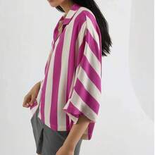 Relaxed Fit Striped Button-Down Shirt Carnation Pink - Hot Pink - View 5