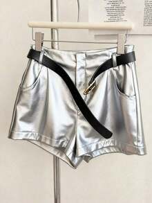 Pantalones cortos plisados de unicolor de piel de PU para mujer, estilo casual y de oficina - Plateado - Ver 3