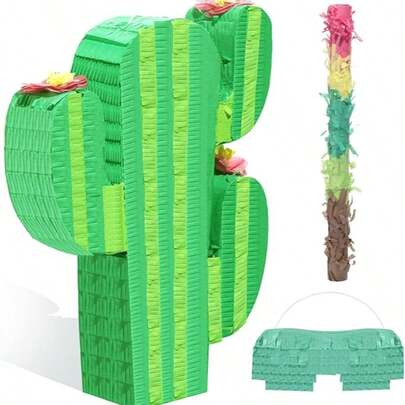 Piñata de cactus para el Cinco de Mayo, decoraciones de fiesta mexicana y fiesta - Divertida piñata colgante con venda, palo y confeti, perfecta para celebraciones de fiesta de cumpleaños (16x12x3)