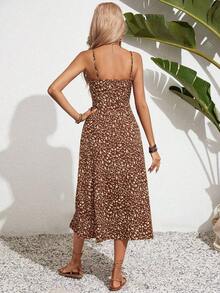 Vestido camisero casual a media pierna con lazo delantero a cuadros para mujer - Cafetería - Ver 2