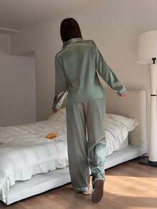 Women's Casual Solid Color Heart Embroidery Minimalist 2-Piece Set, Long Sleeve Top And Long Pants, Suitable As Sleepwear And Loungewear - Green - View 2