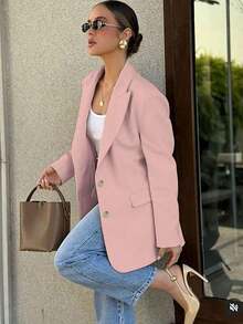 Chaqueta casual de mujer con solapa con muesca y botones, elegante y de moda, adecuada para ir al trabajo y uso casual diario en primavera - Rosa - Ver 1