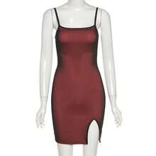 Vestido de mujer de verano dividido con tirantes ajustados sexys de doble capa de malla de alta gama de Yujie - vino tinto - Ver 4