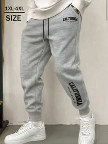 Pantaloni de trening cu șnur pentru bărbați, mărime mare, toamnă/iarnă, respirabili, elastici, cu imprimeu de litere, stil jogging - Gri deschis - Vizualizare 1