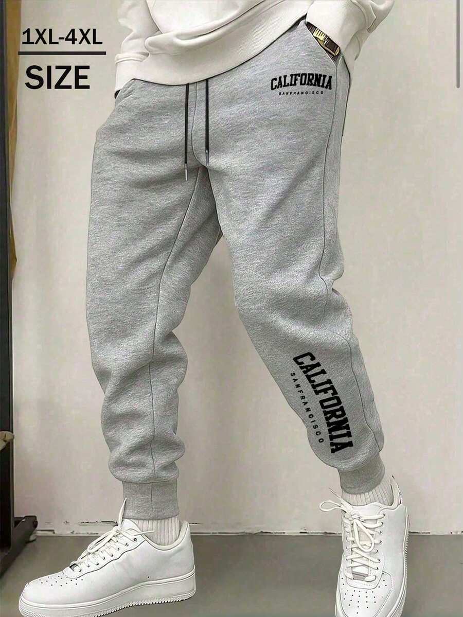 Pantaloni de trening cu șnur pentru bărbați, mărime mare, toamnă/iarnă, respirabili, elastici, cu imprimeu de litere, stil jogging - Gri deschis - Vizualizare 1