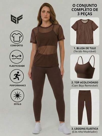 Kit Fitness 3 Peças de Roupa de Academia Feminino – Blusa de Tule + Top com Bojo + Calça Legging - Conjunto Academia Feminino 3 Peças – Camiseta de Tule + Top com Bojo + Legging Feminina