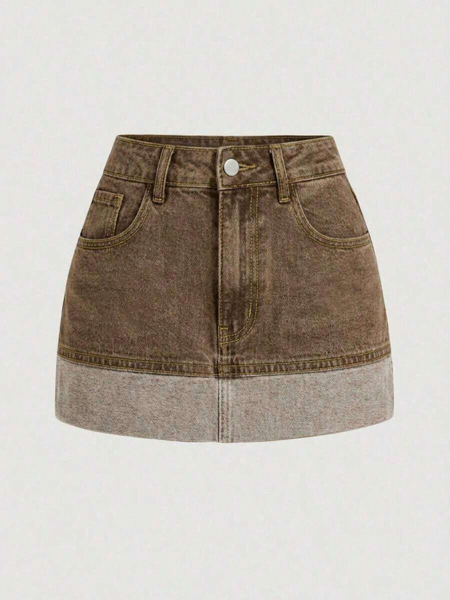 Women Denim Skirts - Brown - View 1