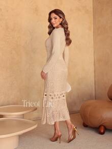 Elegant Women's Midi Knit Dress With Long Sleeves And Lace, Mermaid Style, Ideal For Winter Parties, Shapes The Body. - 沙 - 查看 1