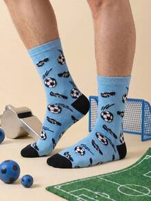 1 Pair Colorful Black & Blue Patchwork Mid-Calf Socks With Football & Soccer Shoe Patterns, Soft & Comfortable Unisex - Multicolor - View 3