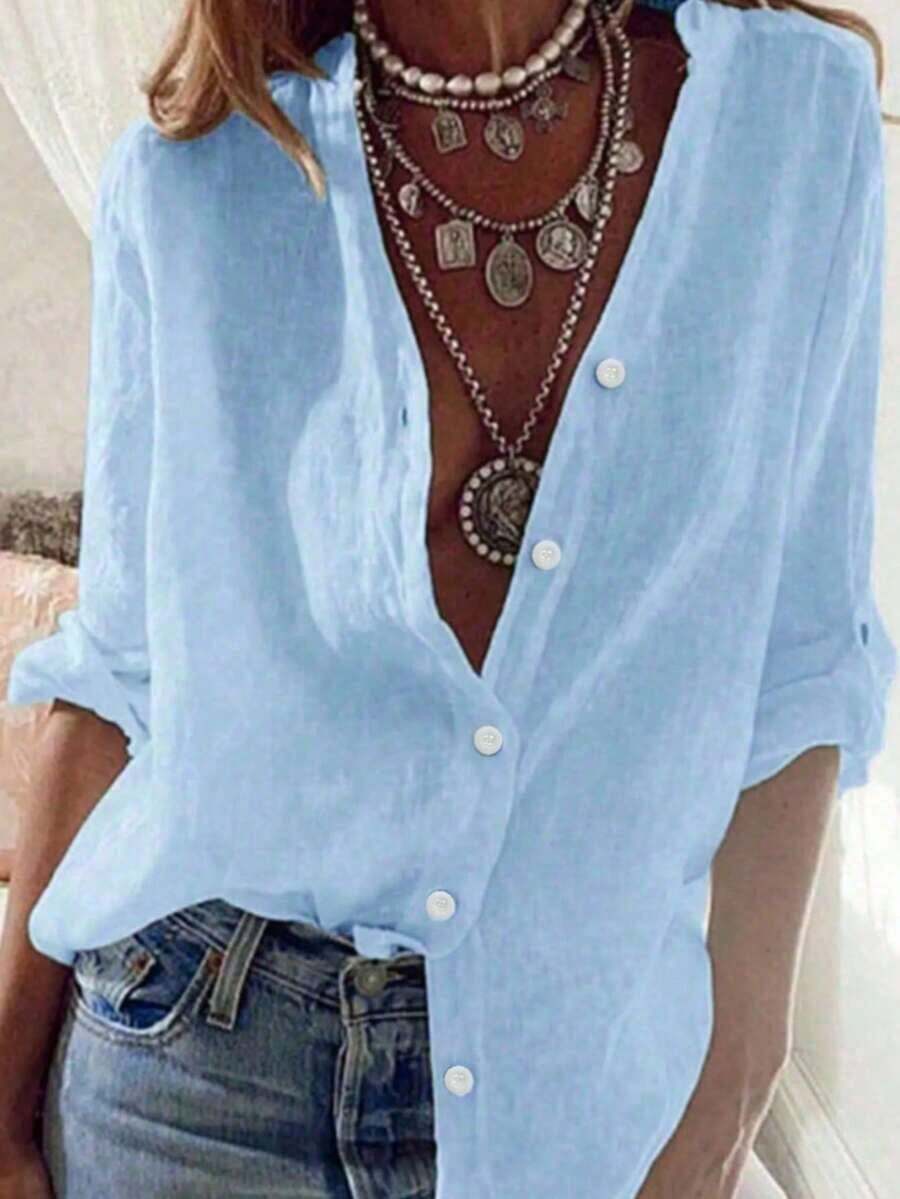 Blusa de manga larga de un solo pecho, de unicolor, de estilo minimalista y versátil, adecuada para uso diario, viajes, todas las estaciones y el Día de San Valentín, primavera - azul claro - Ver 1