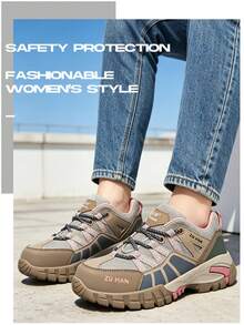Women's Work Safety Shoes With Plastic Steel Toe, Kevlar Anti-Smash Anti-Puncture Insulated Soft Air Cushion Sole Lightweight Breathable Upper Safety Shoes - Pink - View 4