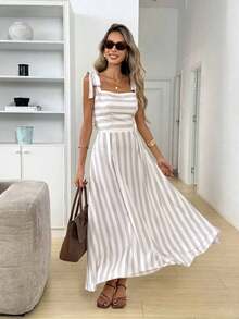 Women's Striped Tie Shoulder Casual Dress Women's Sleeveless Square Neck Striped A Line Maxi Dress VacationChic Women's Vertical Striped A Line Long Dress With Tie Shoulder Straps Summer Dress Spring Dresses Easter Dress Women Beach Dress Dress For Wedding Guest Vacation Dress,Summer Dresses For Women - Multicolor - Ver 10