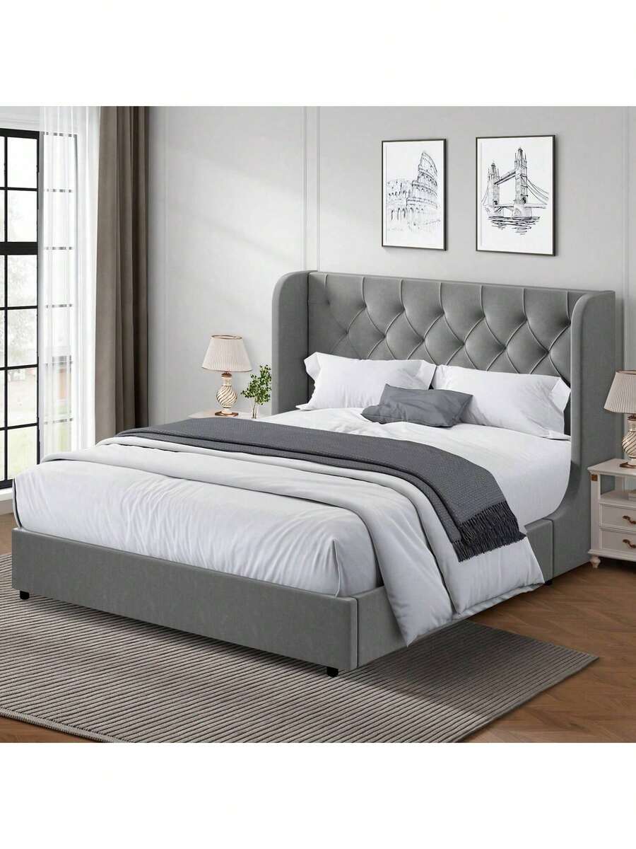 Modern Velvet Upholstered Bed Frame With Curved Wingback Design, Wooden Platform Bed Frame For Bedroom,No Box Spring Needed, Easy Assembly, Full Bed Frame/ Queen Bed Frame/ King Bed Frame/ Full Size Bed Frame/ Queen Size Bed Frame/ King Size Bed Frame,Pink/ White/ Grey - Màu xám đen - Xem 1