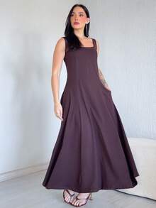 Long, Flared Dress, 100% Cotton, With Pocket And Slit. - Rỉ Nâu - Xem 2