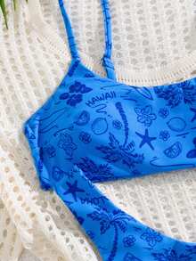 PEPPERMOLLY Bộ bikini hai mảnh in họa tiết nhiệt đới dành cho nữ, đồ bơi thanh lịch phù hợp cho kỳ nghỉ hè. - Màu xanh lam - Xem 5